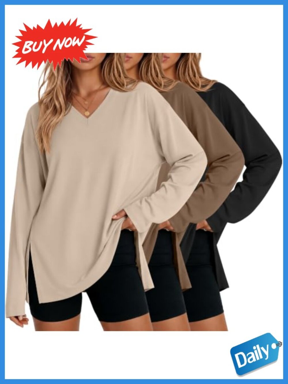 Women's Oversized Long Sleeve V-Neck T-Shirt 3 Pack Polyester Spandex